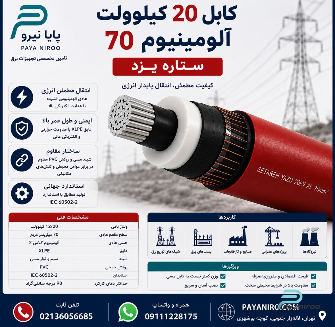 کابل 20 کیلوولت آلومینیومی 70 ستاره یزد | قیمت، مشخصات فنی و خرید