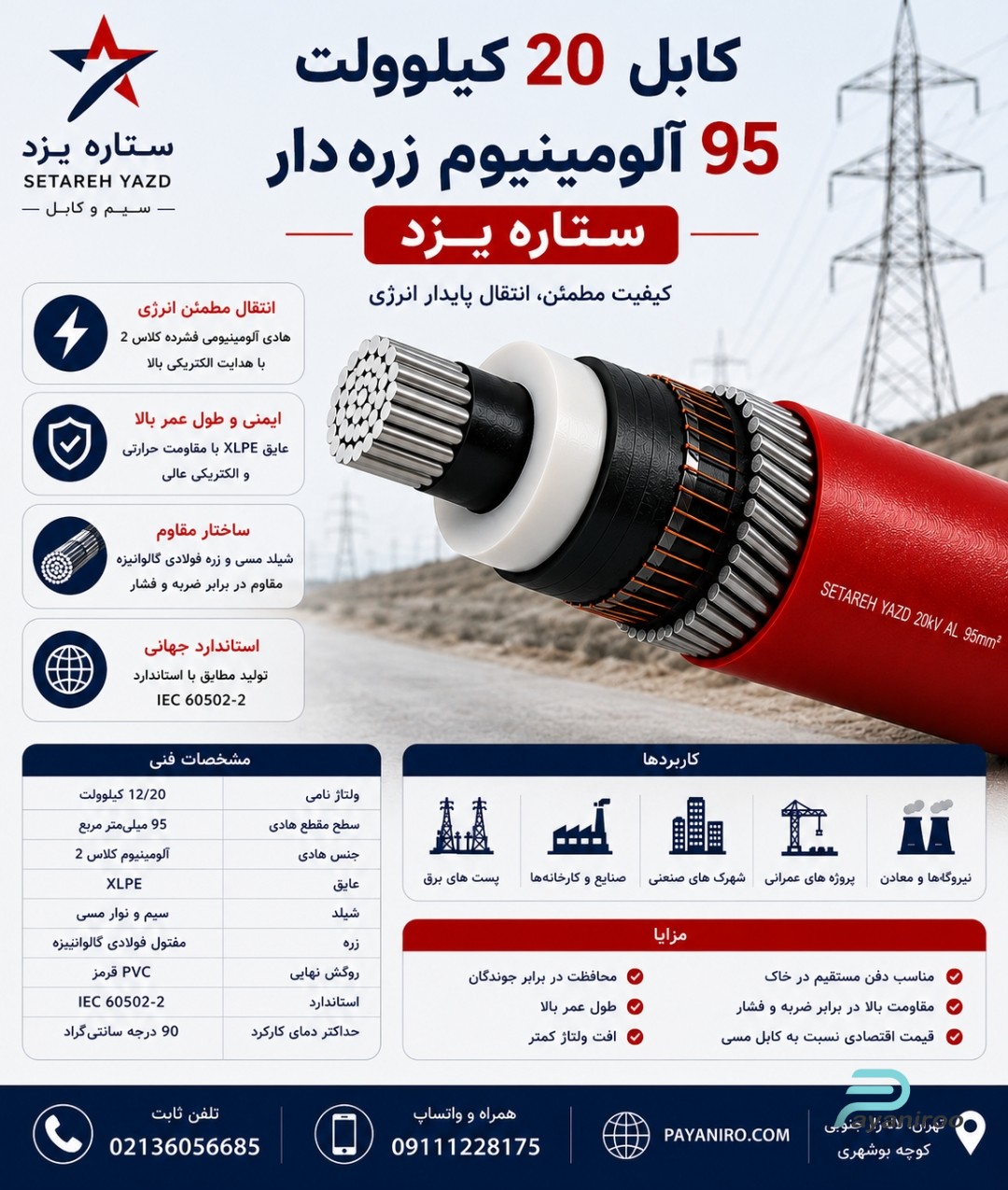 کابل 20 کیلوولت 95 آلومینیومی زره‌دار ستاره یزد | مشخصات فنی، قیمت و خرید